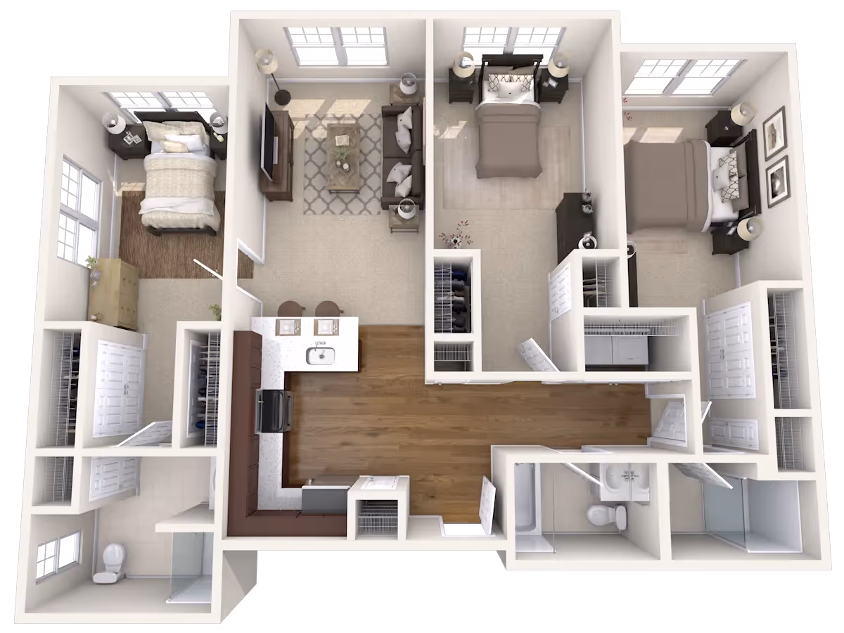 Limited availability floor plan for a 3-bedroom, 3-bathroom apartment, "The Storrs," at Meadowbrook Gardens in Mansfield Center, CT, with a large open kitchen and living area.