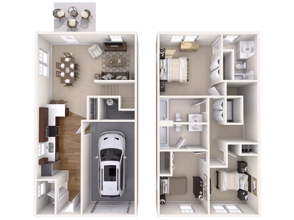 Limited availability two-story floor plan for a 3-bedroom, 3.5-bathroom apartment, "The Husky," at Meadowbrook Gardens in Mansfield Center, CT, complete with a garage and spacious common areas.
