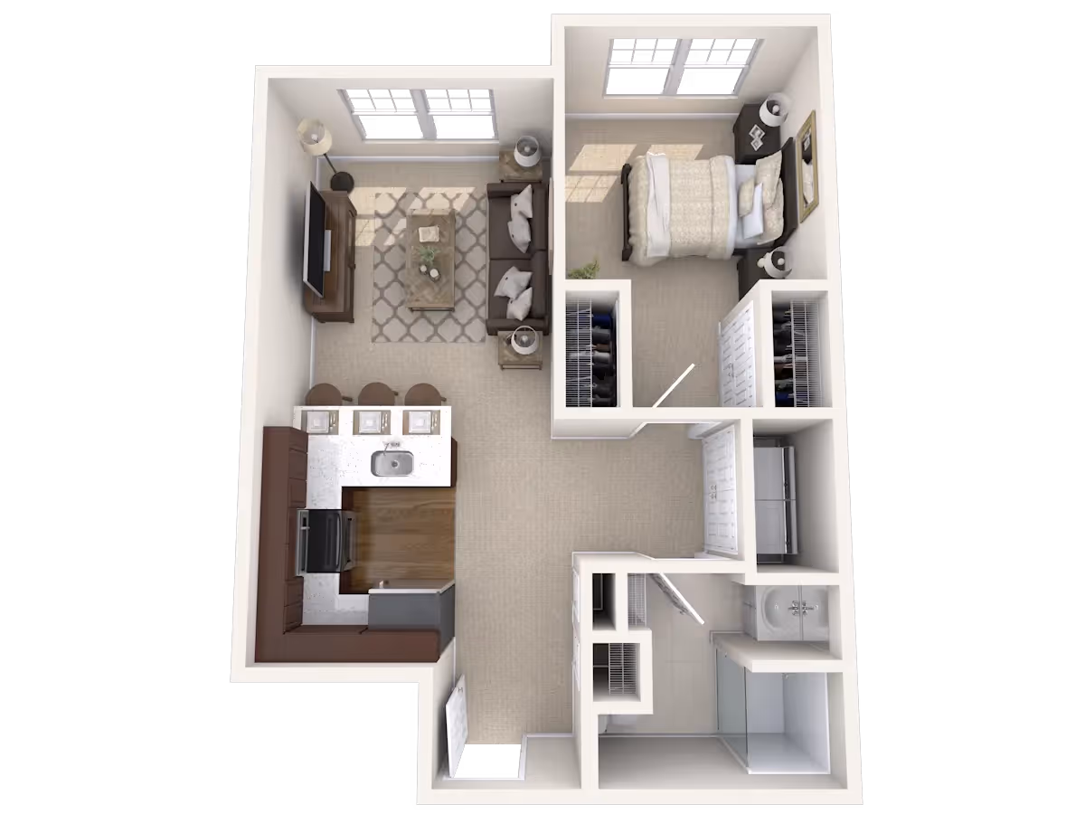 Sold out floor plan for a 1-bedroom, 1-bathroom apartment, "The Gample," at Meadowbrook Gardens in Mansfield Center, CT, detailing a large closet and open living space.