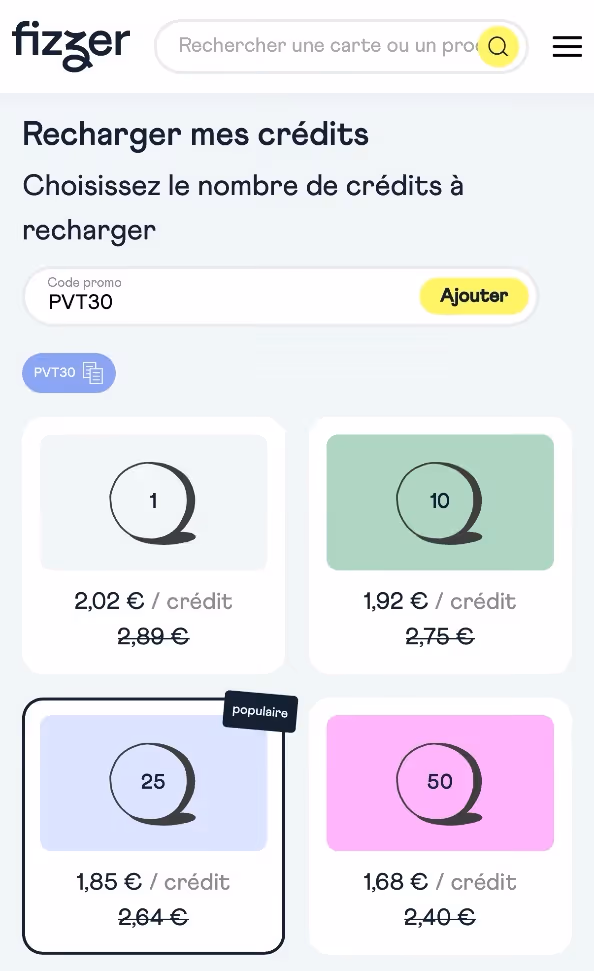 Saisie du code promo PVT30 pour réduction de 30% sur Fizzer