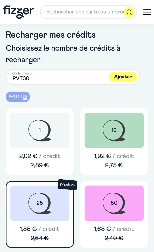 Saisie du code promo PVT30 pour réduction de 30% sur Fizzer
