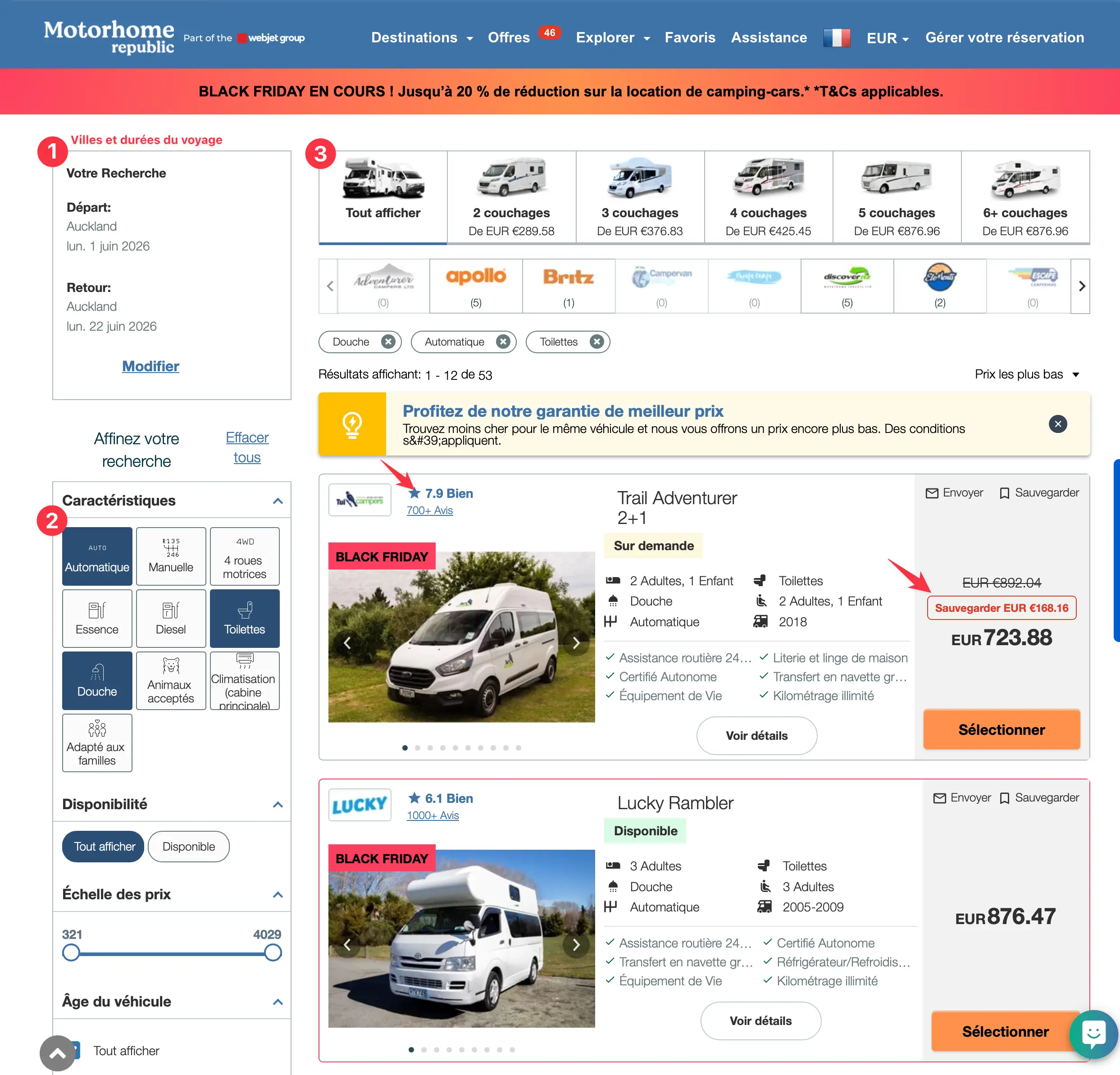 Interface comparateur Motorhome Republic pour location van Nouvelle-Zélande avec prix
