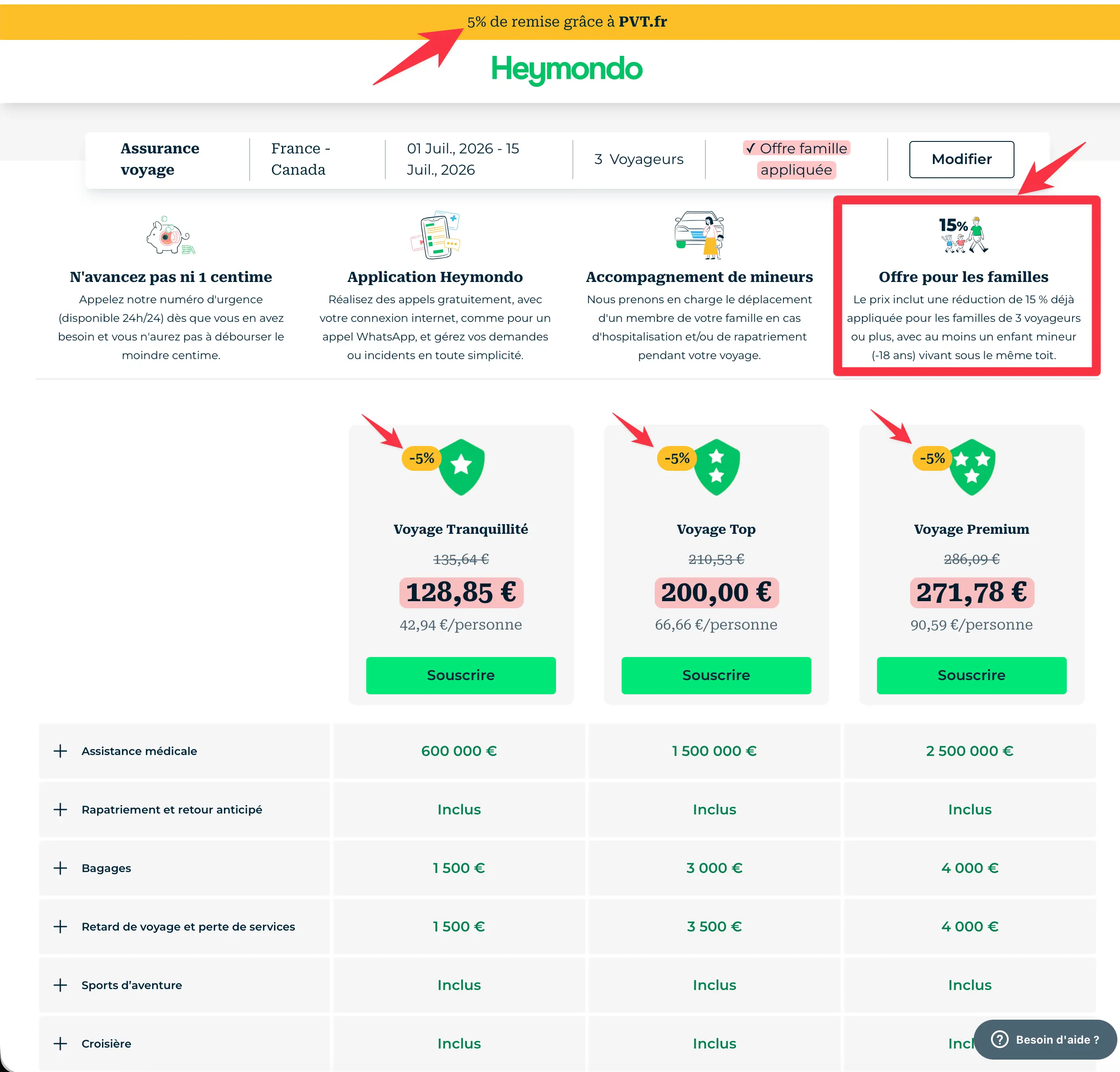 Heymondo prix avec code promo 20% famille et PVT.fr