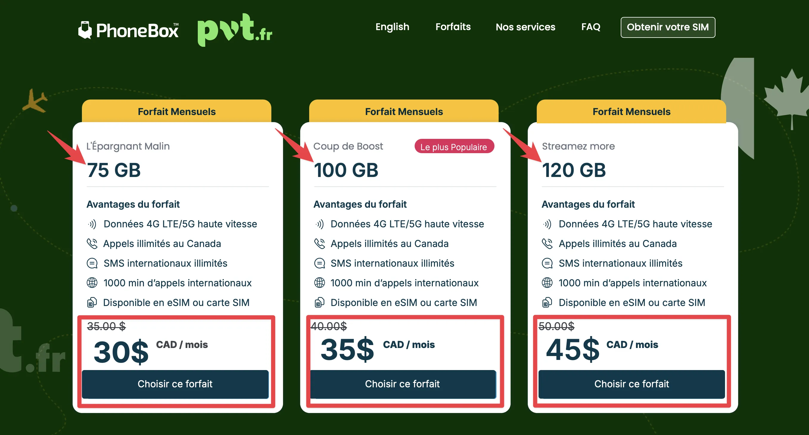 3 forfaits Phonebox Canada promo 5$/mois