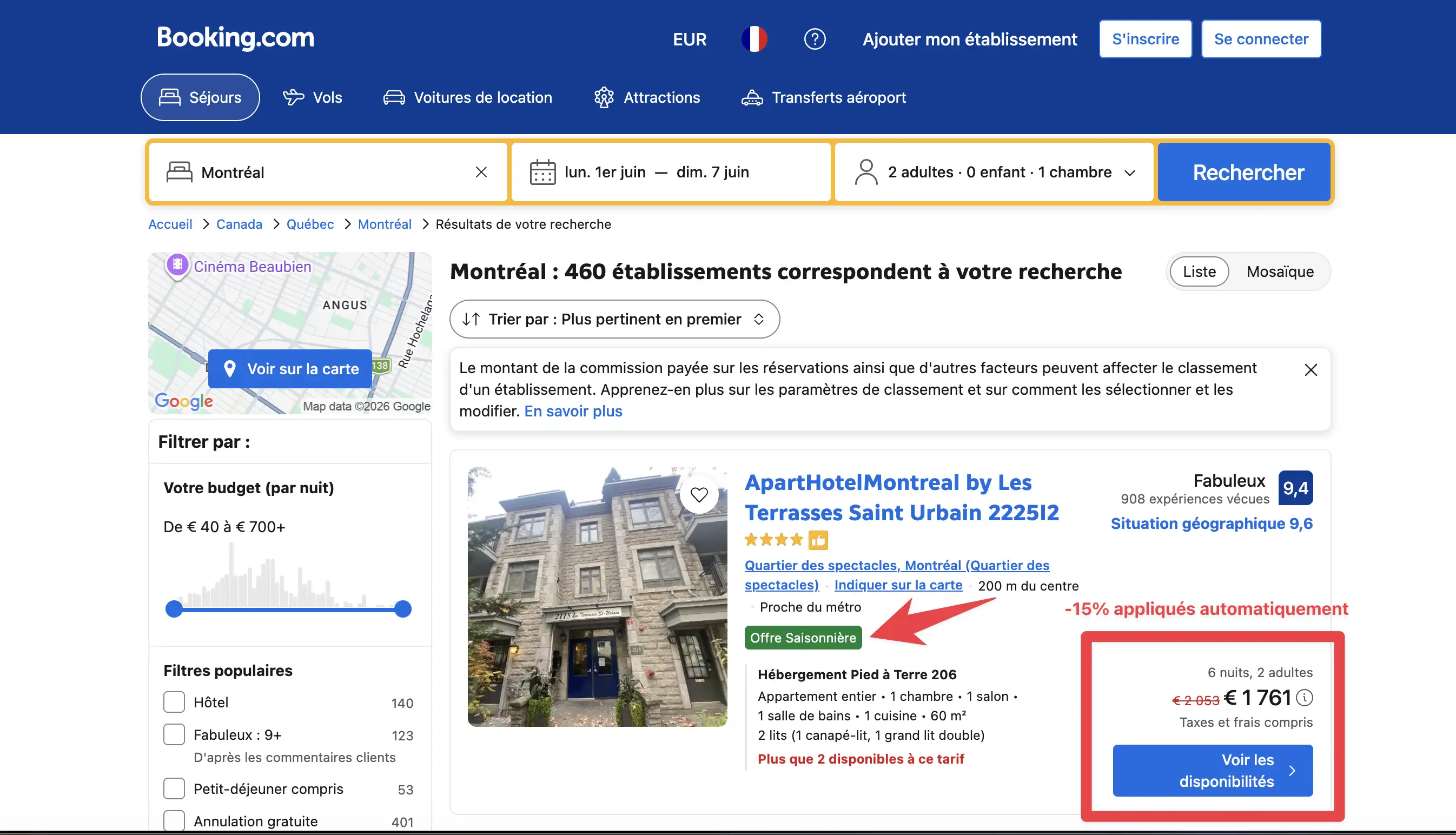 Repérer promo Booking offre Saisonniere -15% 2026