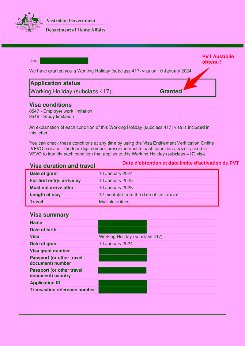 Lettre confirmation obtention PVT Australie Grant letter