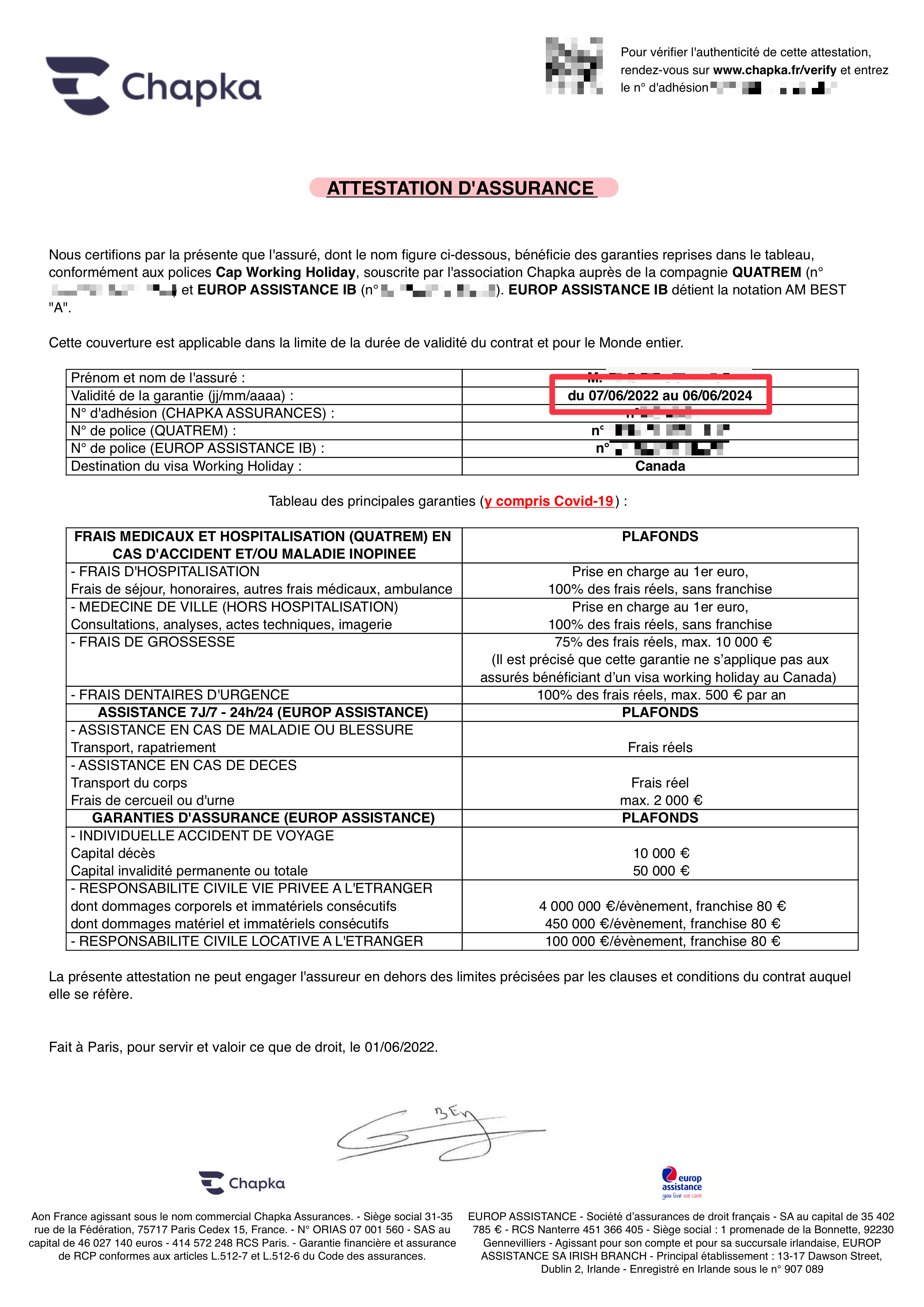 attestation assurance PVT Canada 2 ans Chapka