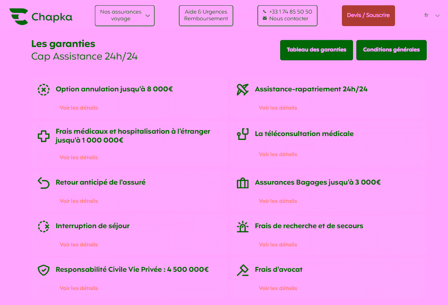 10 garanties principales de l'assurance Cap Assistance 24h/24 de Chapka