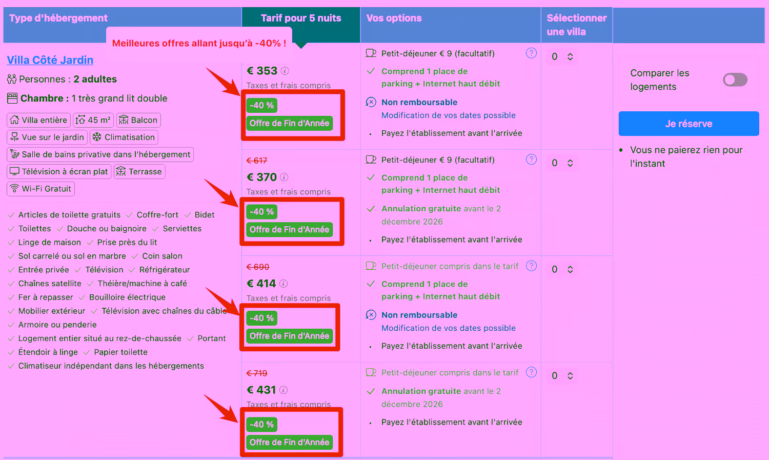Exemple de réductions jusqu'à -40% avec l'Offre de Fin d'Année Booking