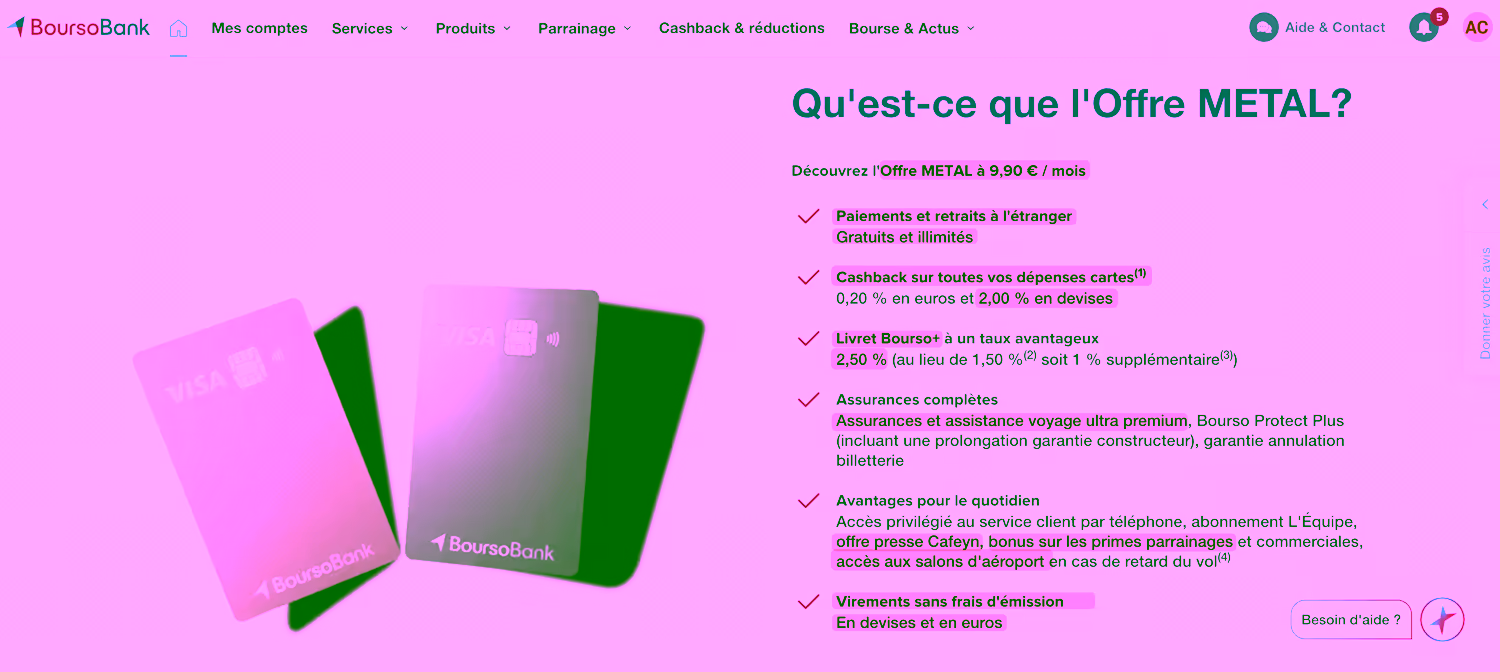 Détail des avantages de la carte Metal BoursoBank pour voyager