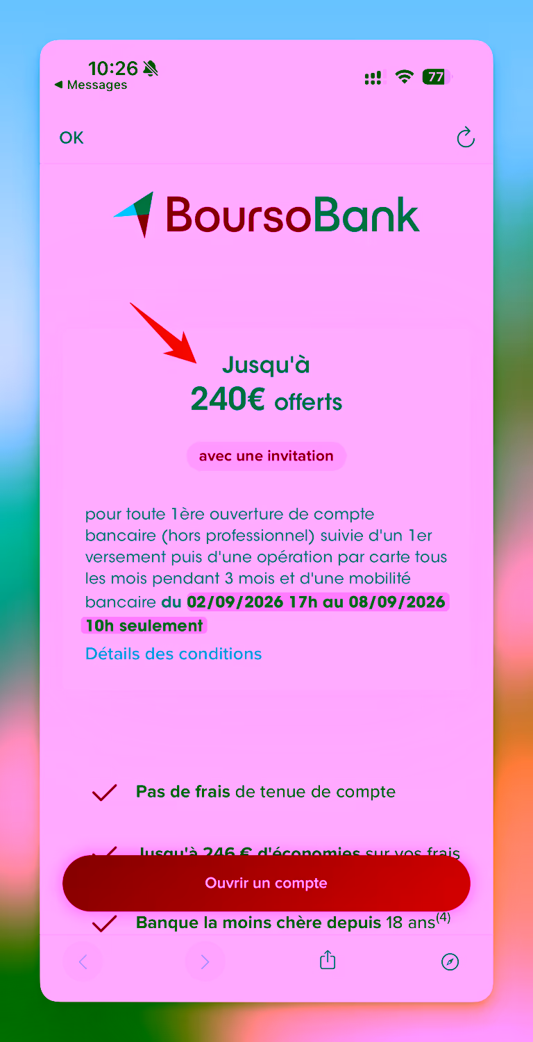 Offre de parrainage BoursoBank boostée à 240 € (exemple lors d'une précédente offre boostée)