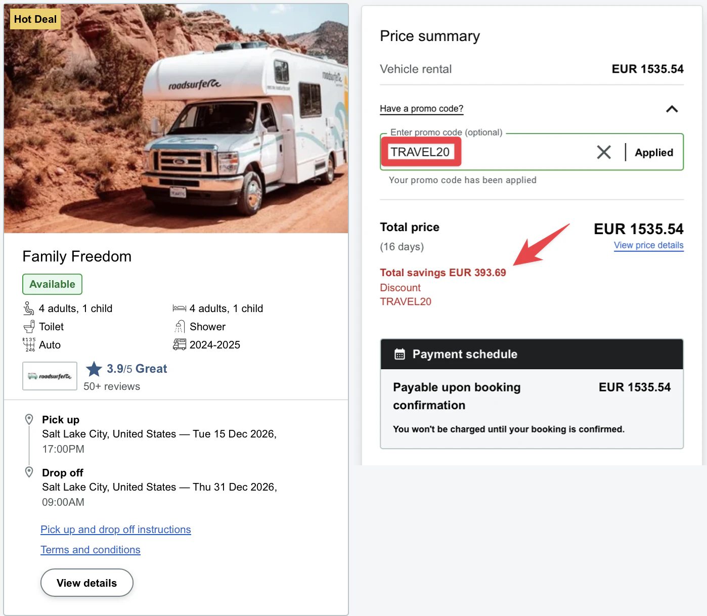 Capture du récapitulatif de prix Roadsurfer avec le code TRAVEL20 appliqué : 393,69 € d'économie sur 16 jours de location à Salt Lake City
