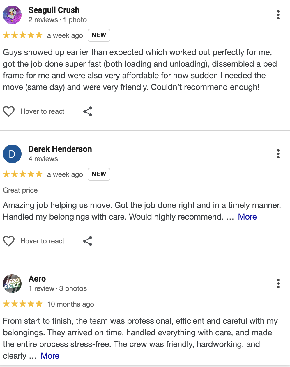 Speedy Movers 5 star reviews example image