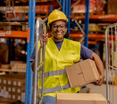 Smiling warehouse worker carrying boxes