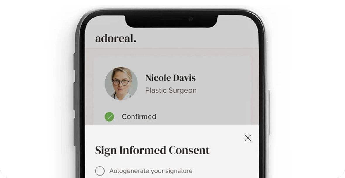 Smartphone displaying the Adoreal app's informed consent signing screen with surgeon information