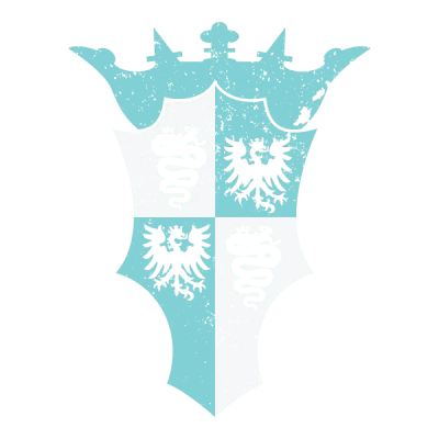 A shield logo divided into four quadrants with a light blue and white color scheme, featuring a black eagle motif in two quadrants and golden ornamental shapes in the other two.