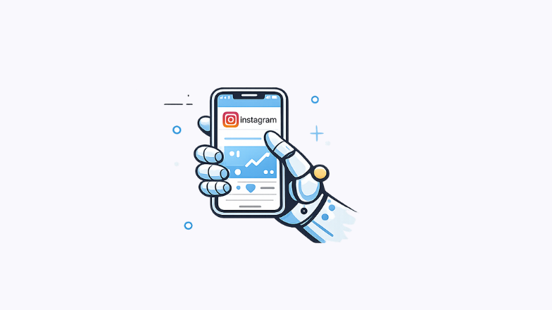 Minimal illustration of a robotic hand holding a smartphone with Instagram interface, symbolizing proxy-based automation and secure account management.