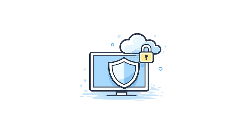 Minimal illustration of a secure proxy connection showing a computer connected to a protected cloud with a lock, symbolizing proxy security and protected internet access.