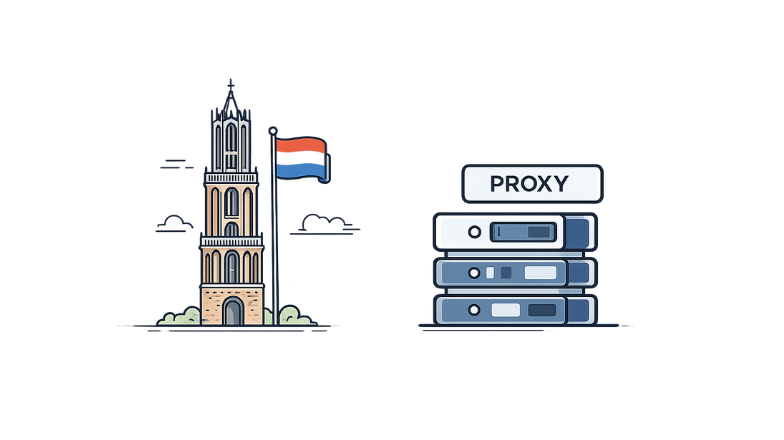 Minimal illustration of a Netherlands proxy server showing a Dutch landmark with flag and a stack of proxy servers, representing fast residential and mobile proxies in the Netherlands.