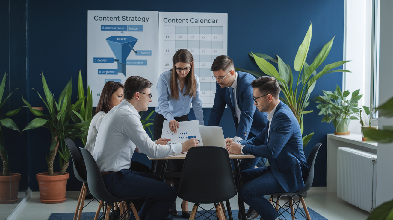 B2B marketing team mapping out a content strategy with buyer journey stages and content types on a whiteboard