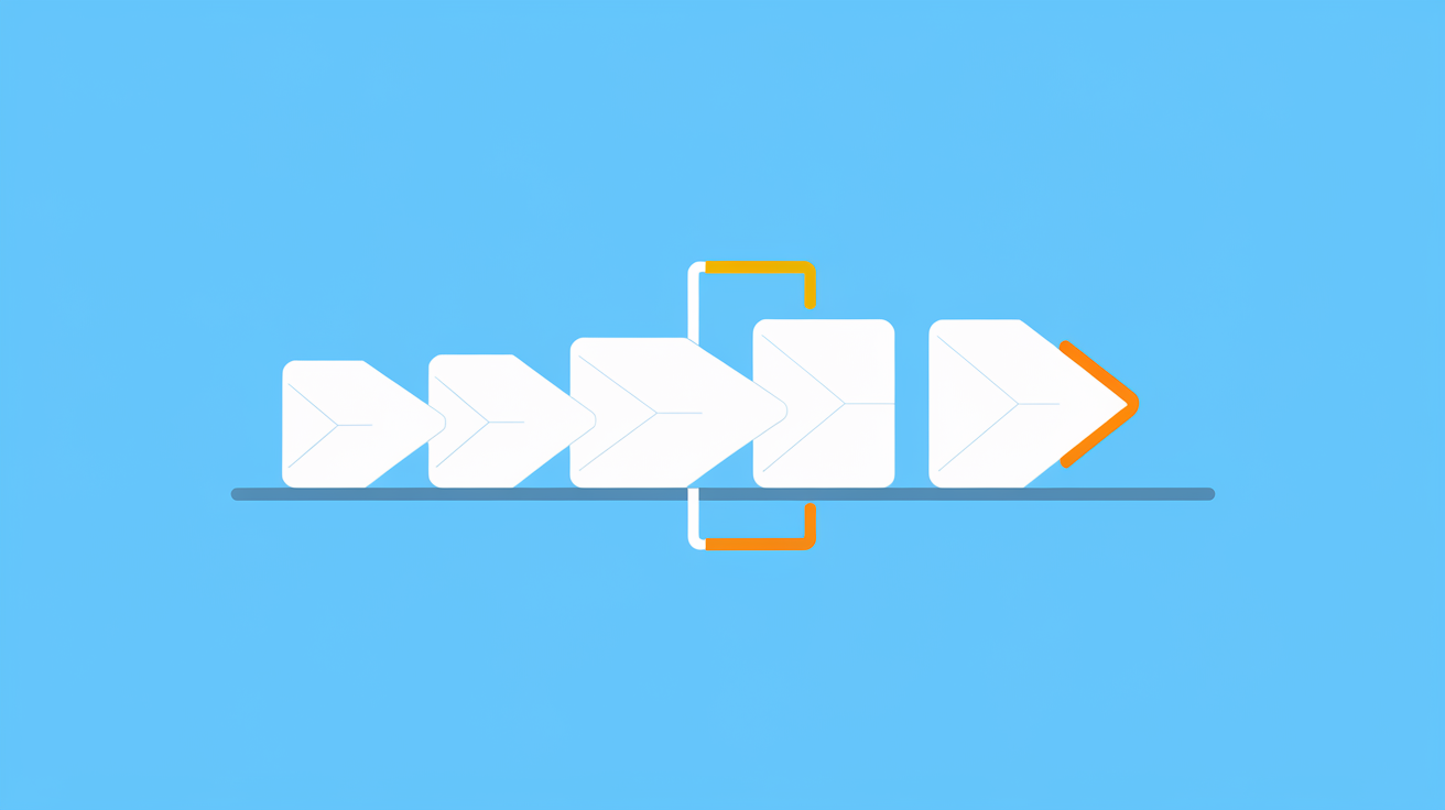 Five-stage content creation workflow illustrated as connected white arrow cards on blue background