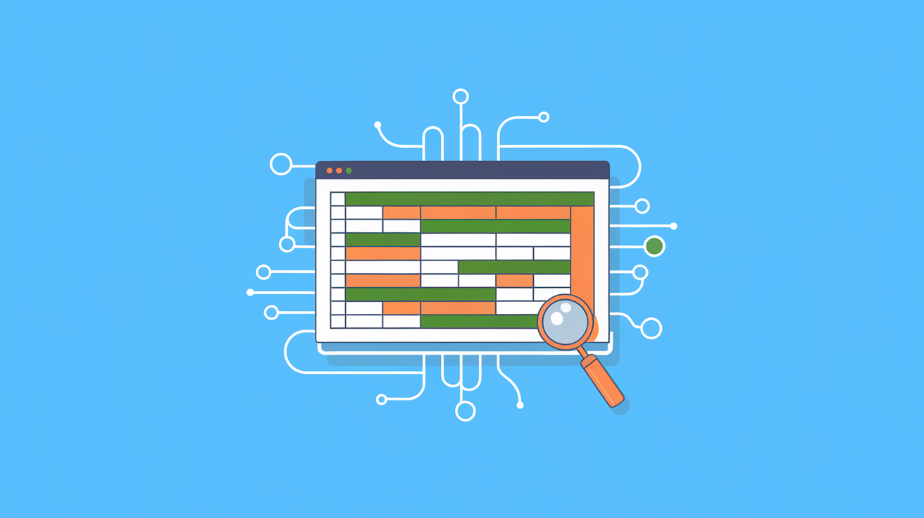 Keyword mapping spreadsheet with magnifying glass showing organized keyword rows and columns