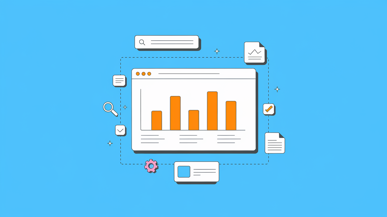 SEO dashboard with bar charts and search icons representing managed SEO services