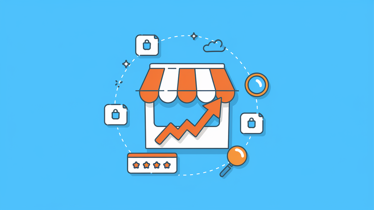 Ecommerce storefront with upward trending arrow and product icons representing SEO organic growth