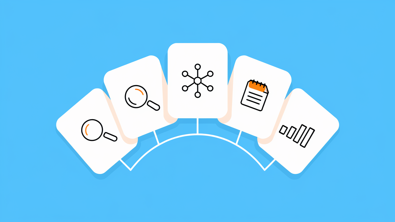 Five strategy component cards fanned out showing icons for keyword research, clusters, content types, cadence and measurement