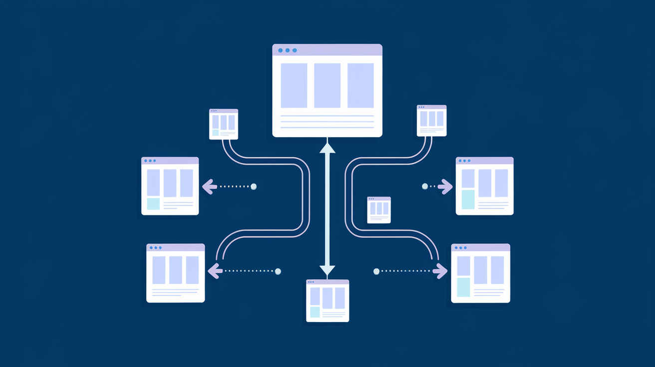 Interconnected content nodes forming a hub-and-spoke network, visualizing internal linking architecture across a website