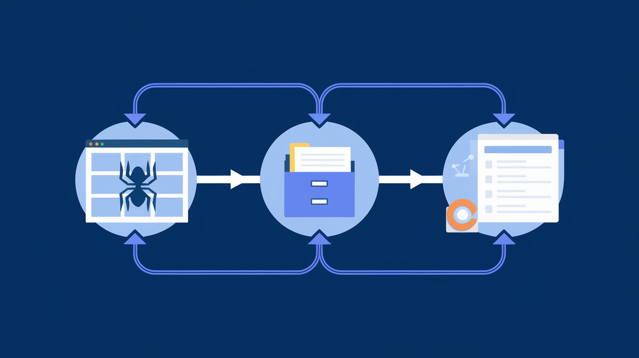 Three-stage search engine pipeline showing crawling, indexing, and ranking process