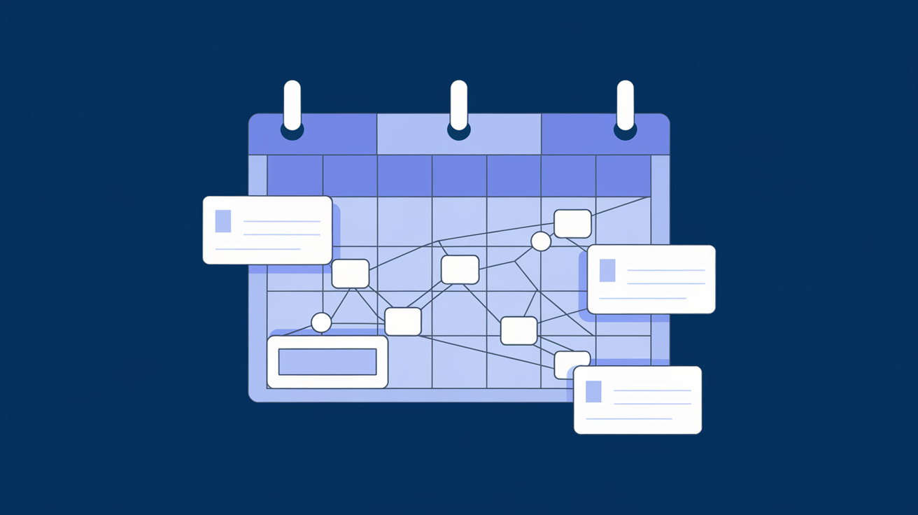 A monthly SEO content calendar grid showing content types, target keywords, funnel stages, and publish dates across four weeks