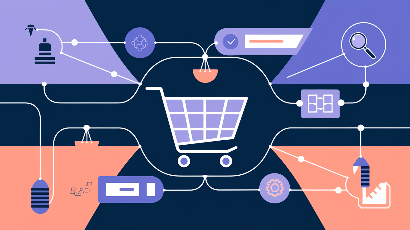 Ecommerce website wireframe with SEO improvement annotations pointing to title tags, category structure, product schema, and internal links