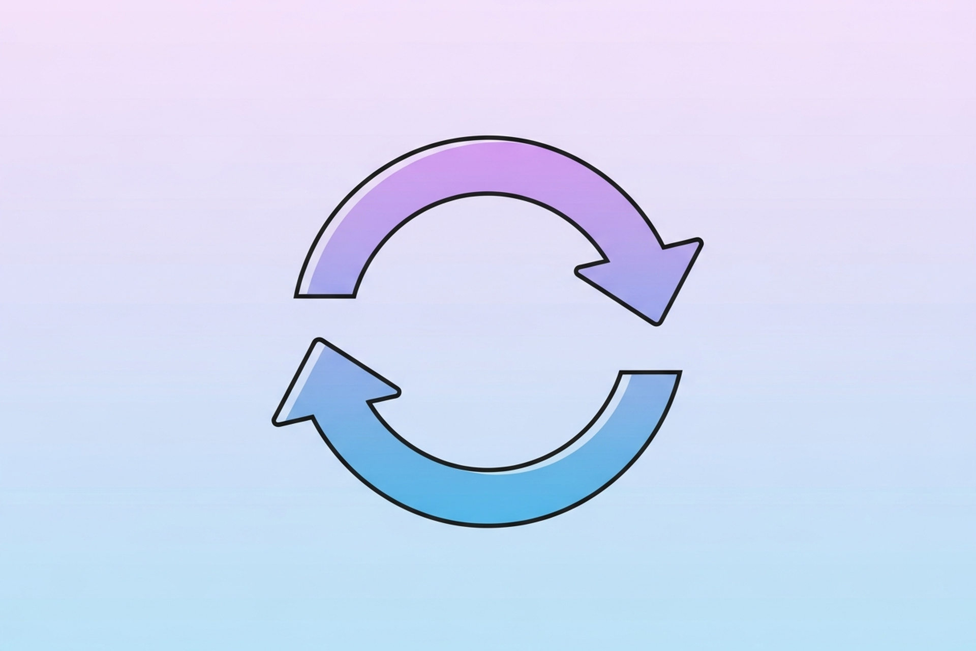 A single flat design circular refresh arrows icon in blue and lavender on a soft pastel gradient background, representing content renewal and SEO improvement