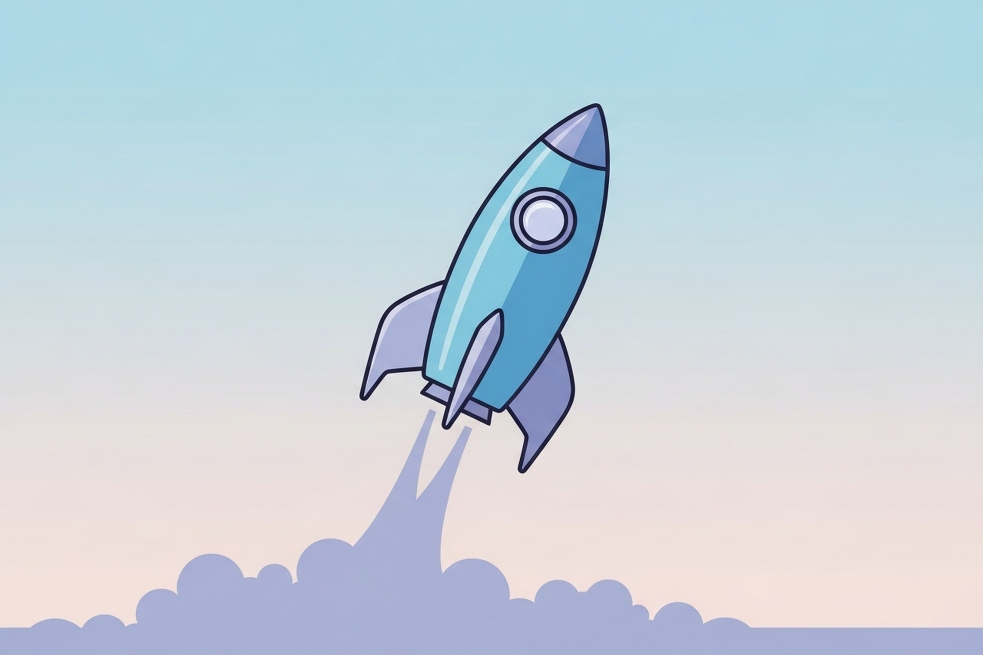 A flat design rocket icon launching upward in blue and soft lavender on a pastel gradient background, representing the engine behind consistent content publishing