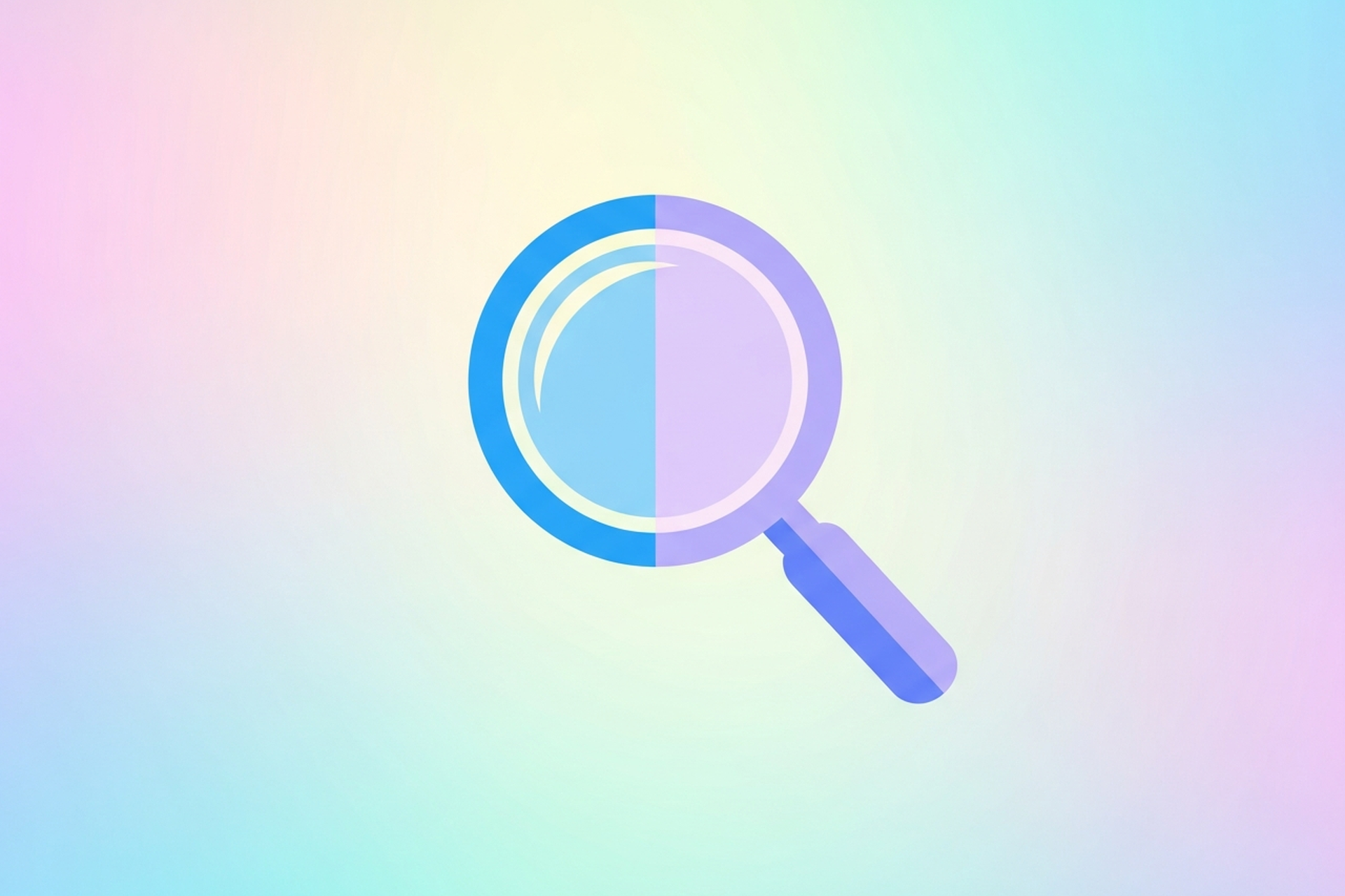 A single flat design magnifying glass icon in blue and lavender on a soft pastel gradient background, representing search optimization for featured snippets
