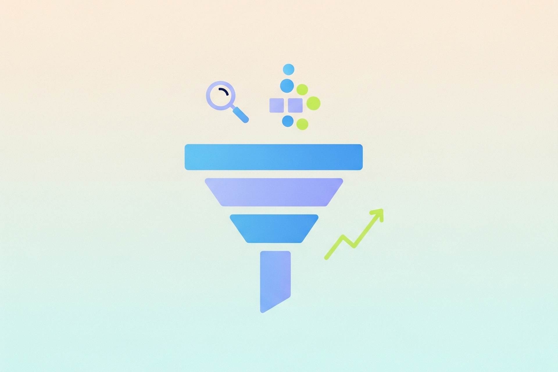 A single flat design funnel icon in blue and lavender on a soft pastel gradient background, representing content-to-conversion optimization