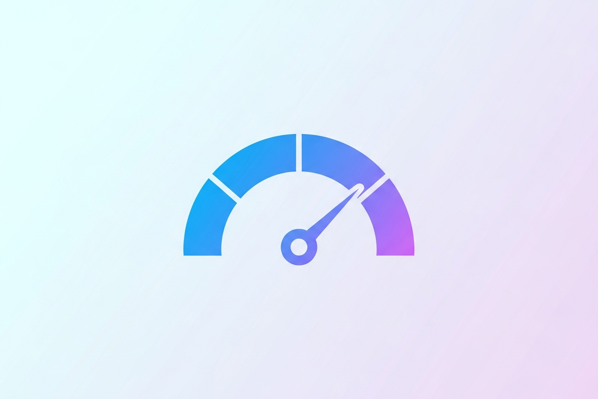 A single flat design speedometer gauge icon in blue and lavender on a soft pastel gradient background, representing content performance improvement