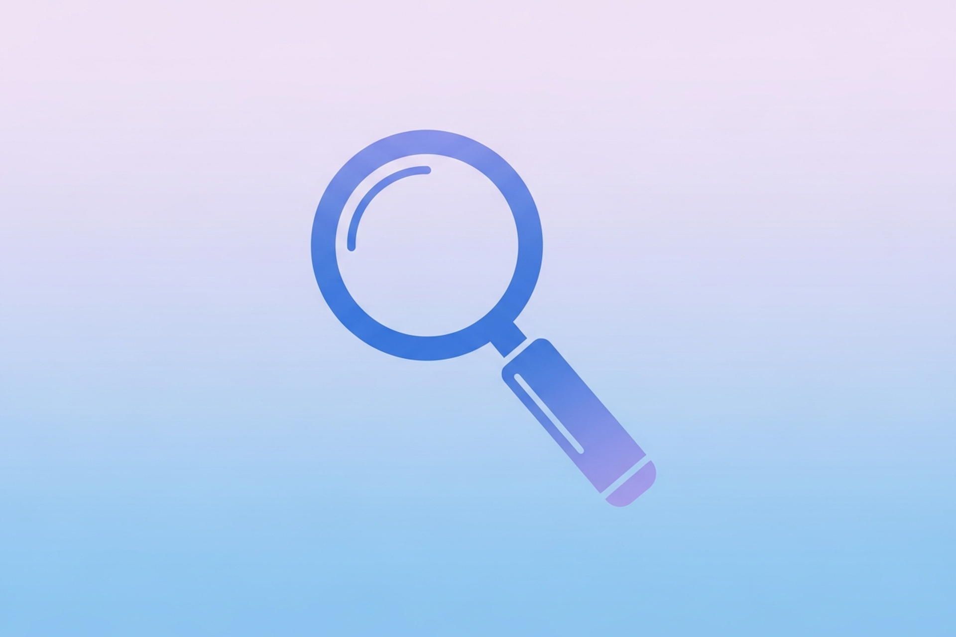 A single flat design magnifying glass over a document icon in blue and lavender on a soft pastel gradient background, representing content analysis and on-page SEO review