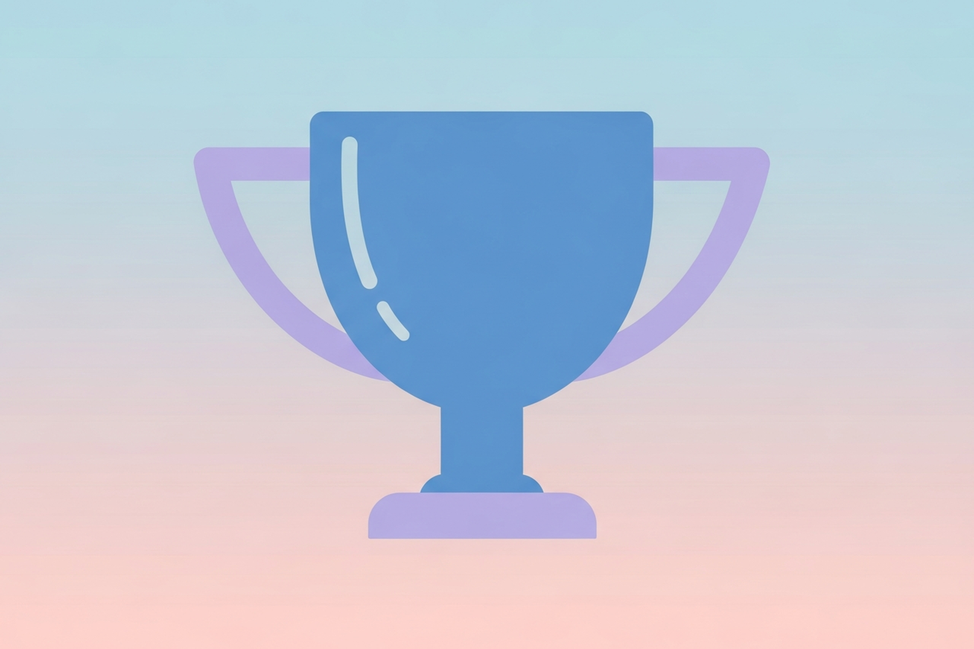 A single flat design trophy cup icon in blue and lavender on a soft pastel gradient background, representing winning content results with free tools