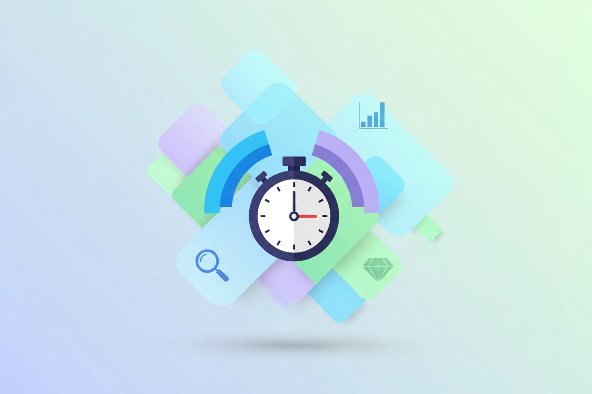 A single flat design stopwatch icon with colorful arc segments in blue and lavender on a soft pastel gradient, representing scheduled content publishing