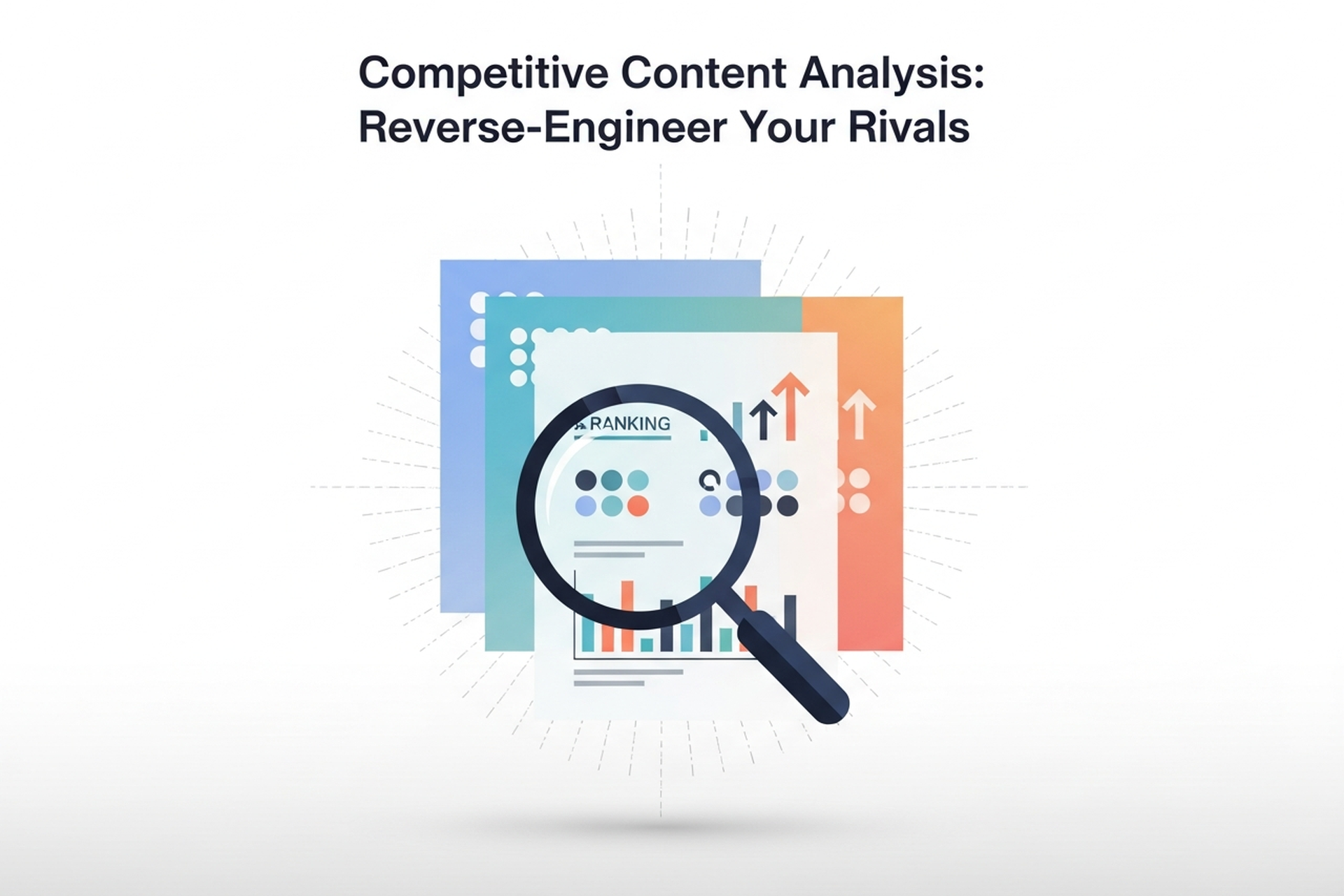 A magnifying glass focused on overlapping document pages representing competitor content research