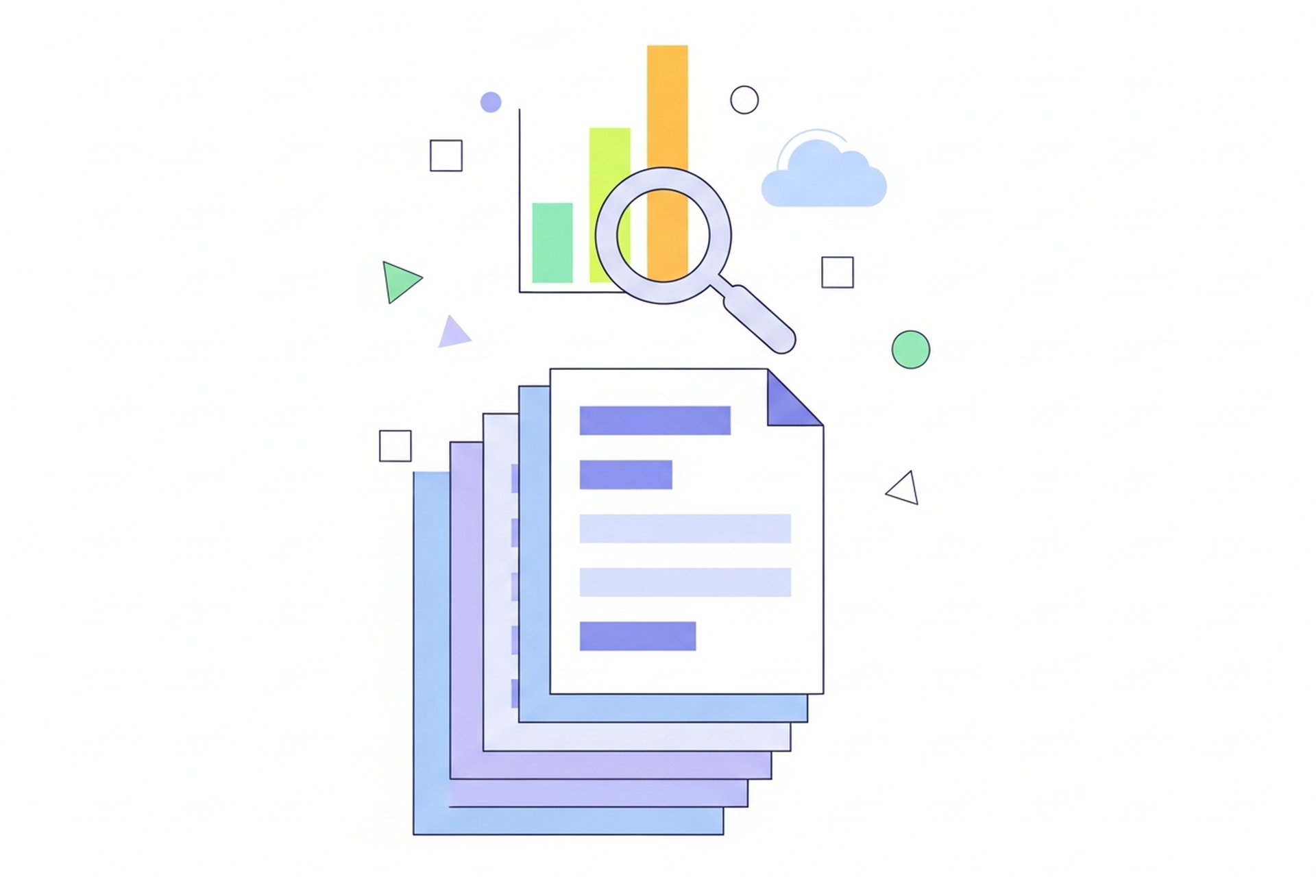 Stack of overlapping document outlines with labeled section bars in soft blue, lavender, and white, representing reusable blog post templates