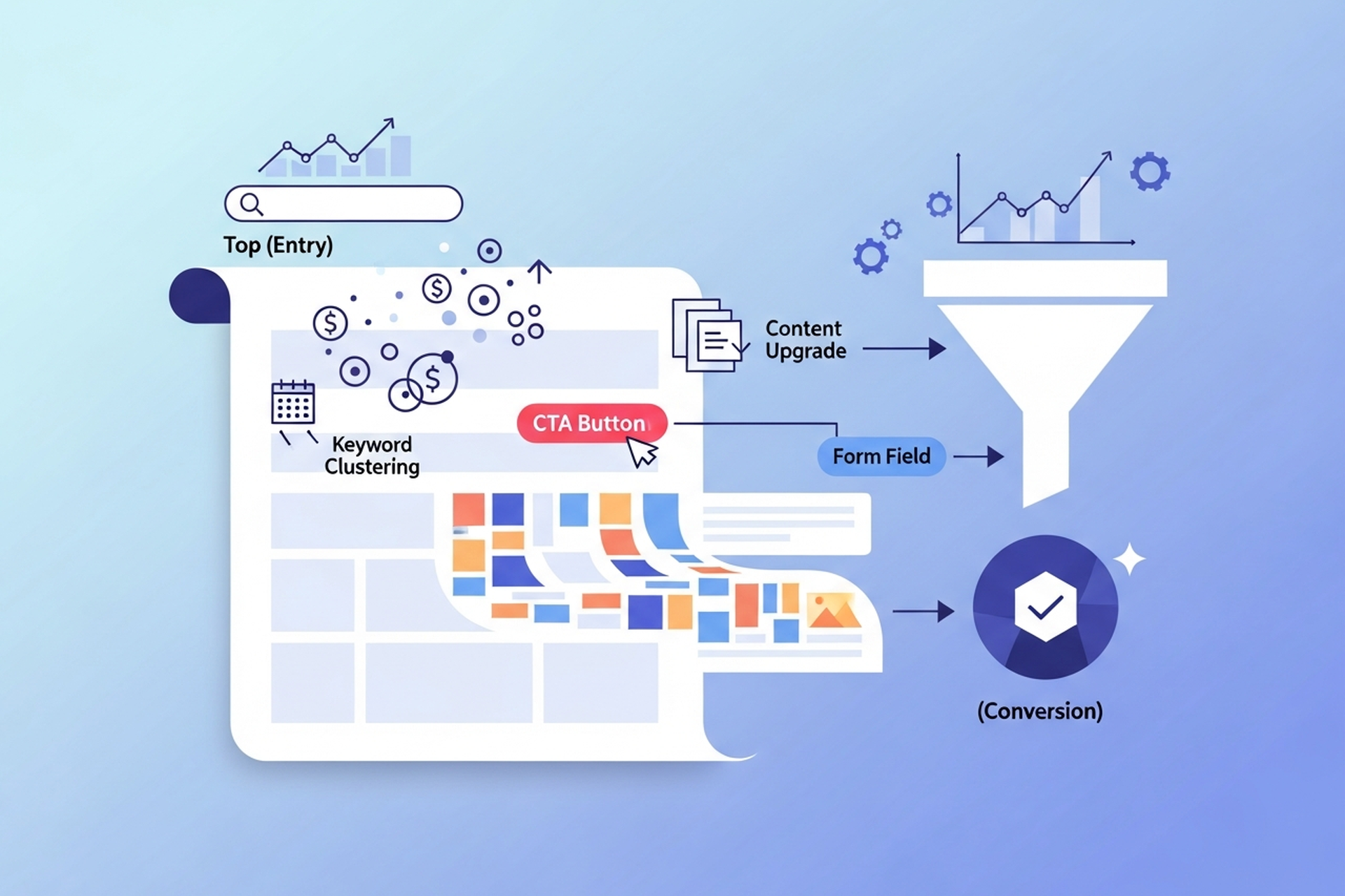 Flat design illustration showing a blog post funnel with CTAs, content upgrades, and conversion paths on a soft blue-lavender gradient background