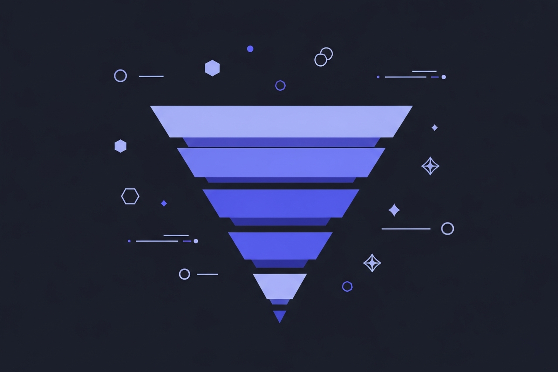 Flat design illustration showing a B2B content funnel with multiple stakeholder touchpoints and content types at each stage