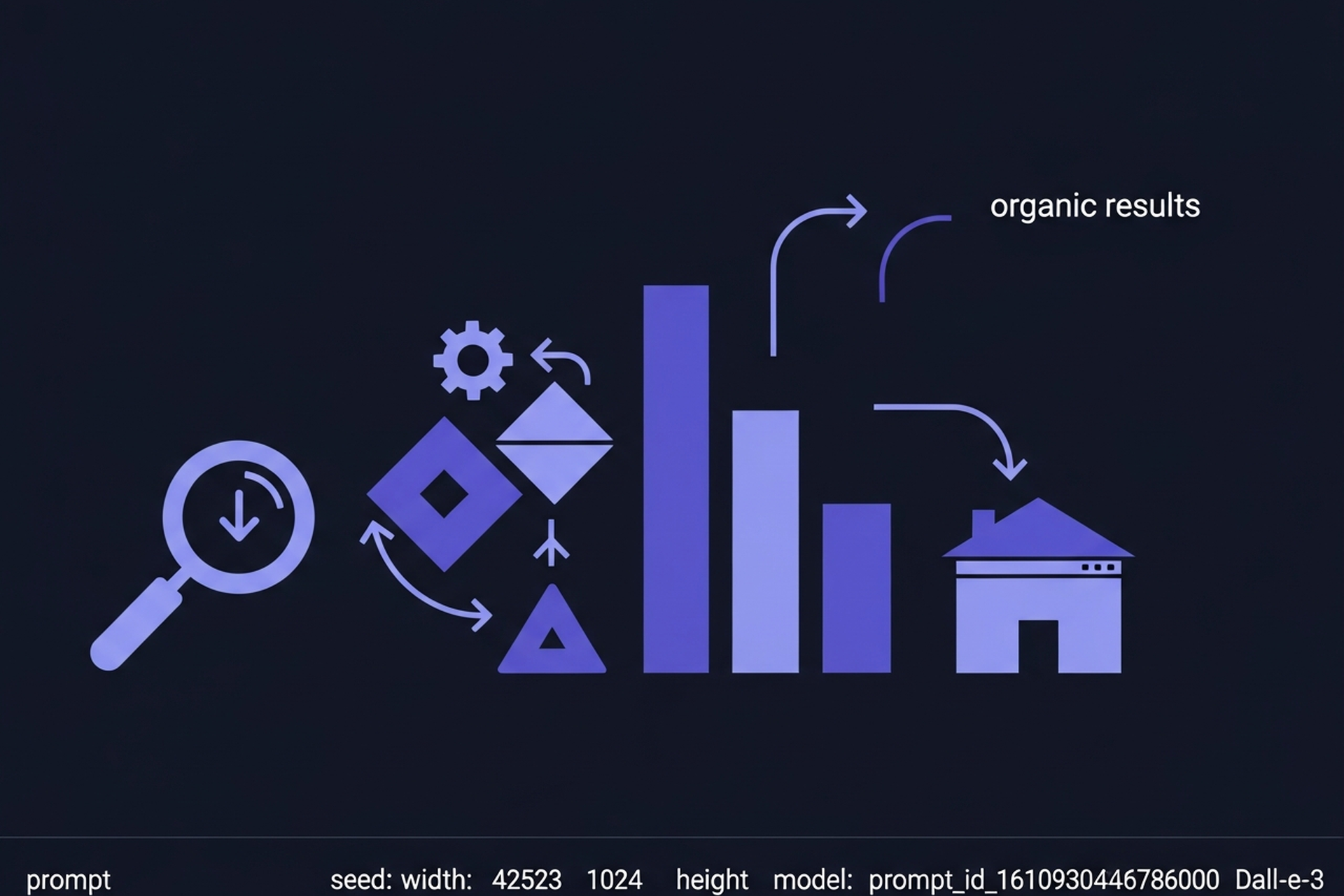 Search engine ranking diagram showing a query entering a search index, algorithmic ranking signals processing, and organic results with traffic flow arrows to a website