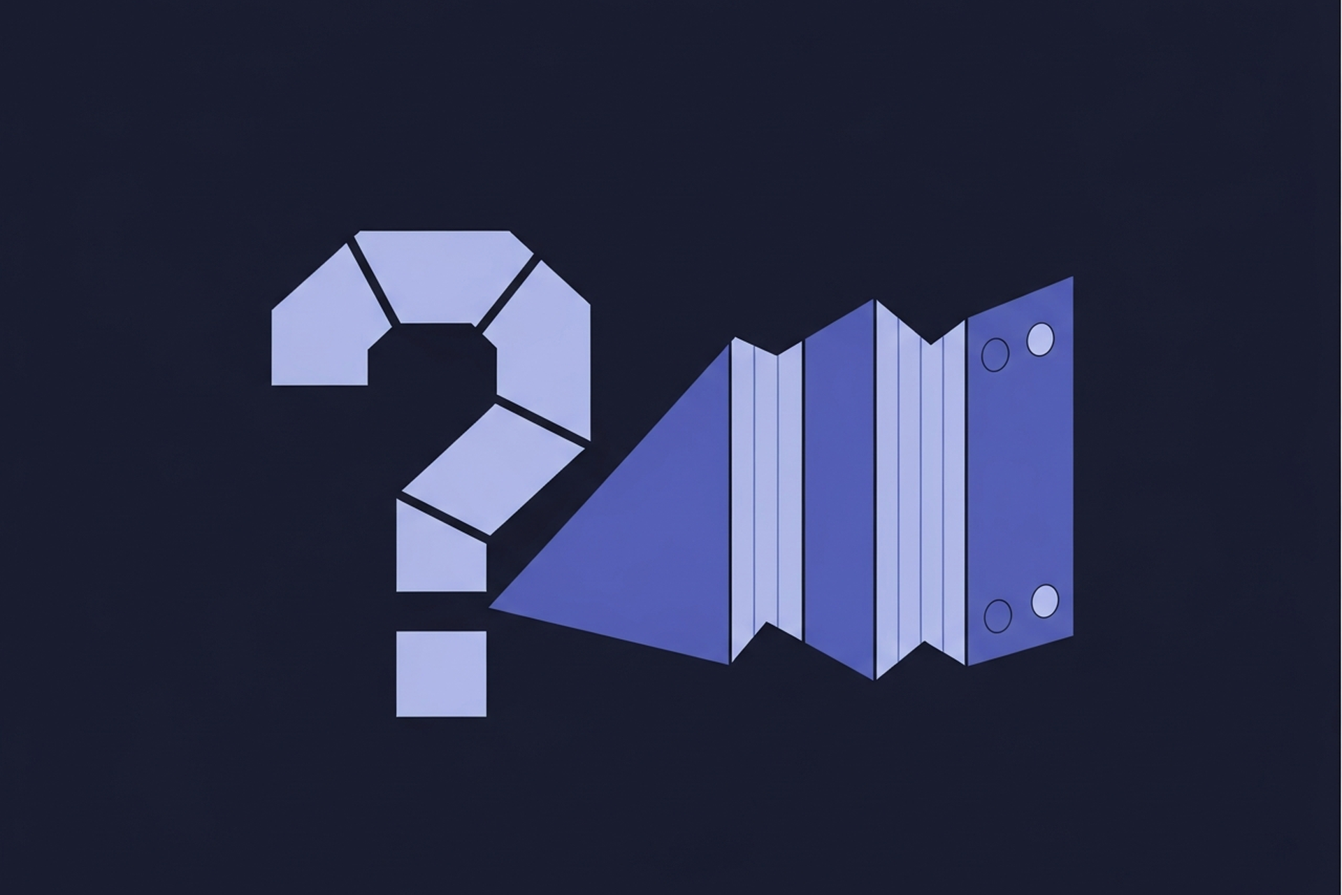 Abstract geometric question-mark shapes and expanding accordion panels in indigo and periwinkle blue on a dark navy background