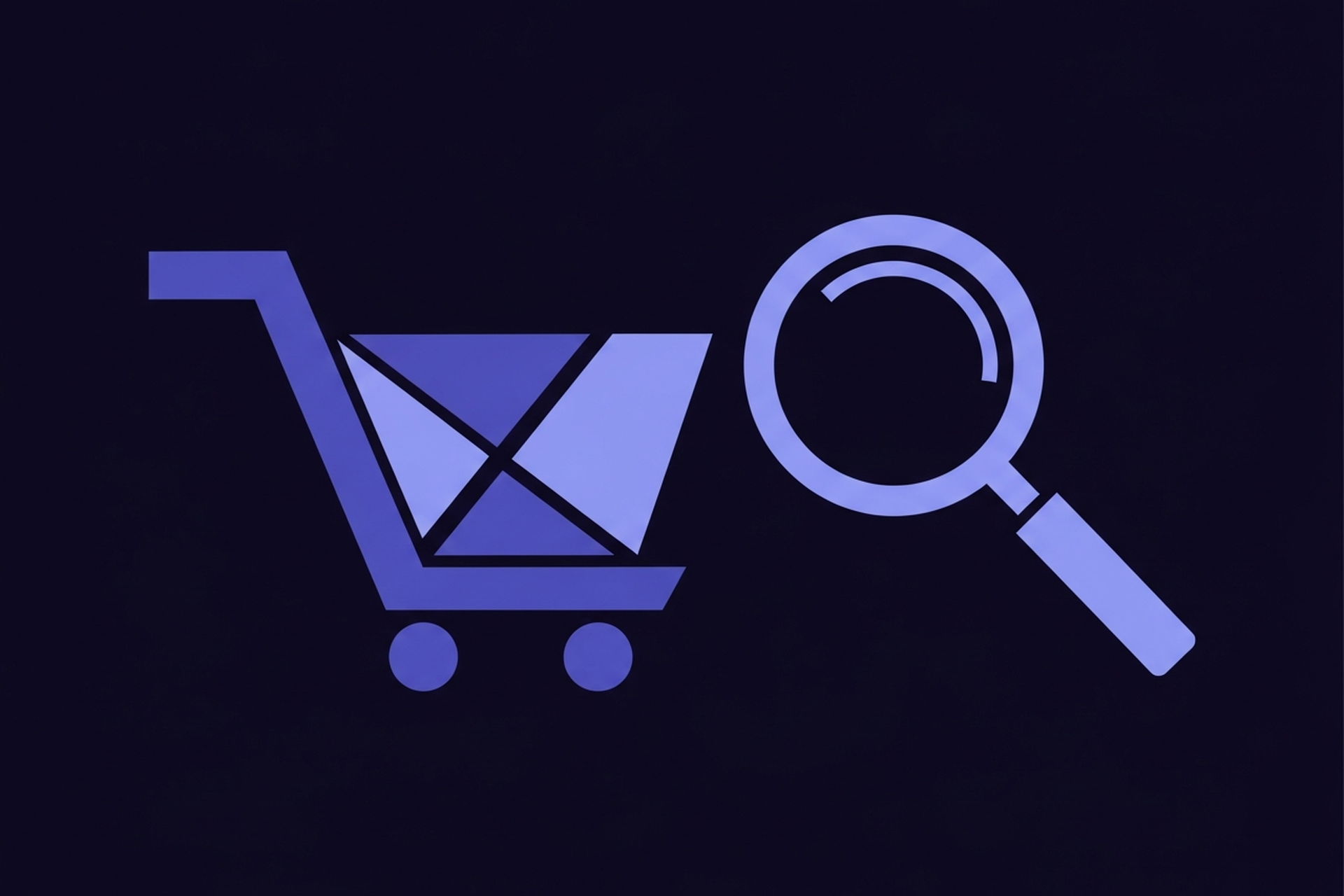 Abstract geometric shopping cart and search result icons in indigo and periwinkle blue on a dark navy background