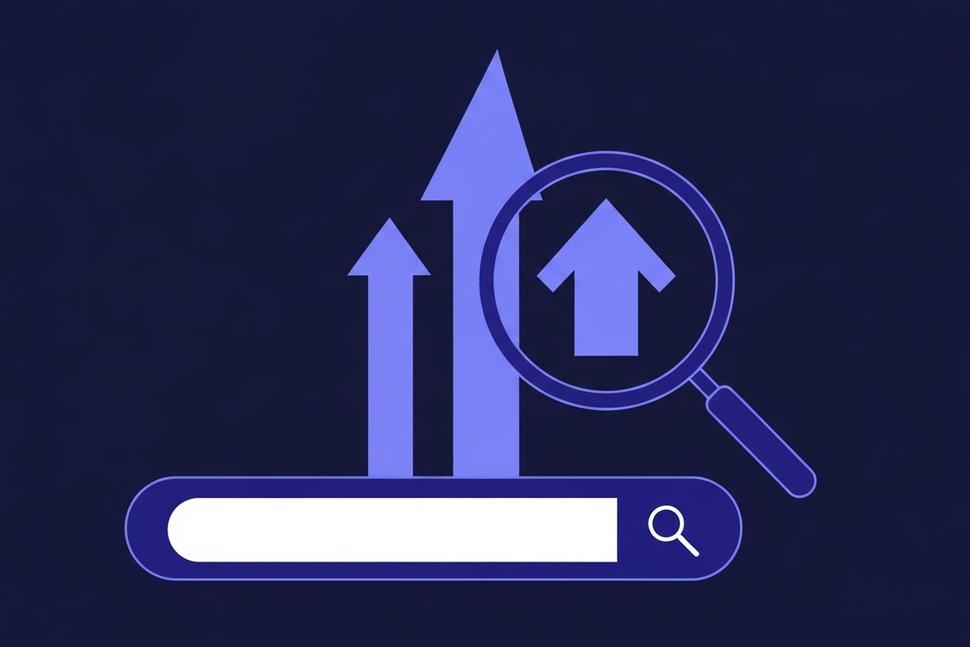 Abstract geometric search bar and magnifying glass icons with upward arrows in indigo and periwinkle blue on a dark navy background