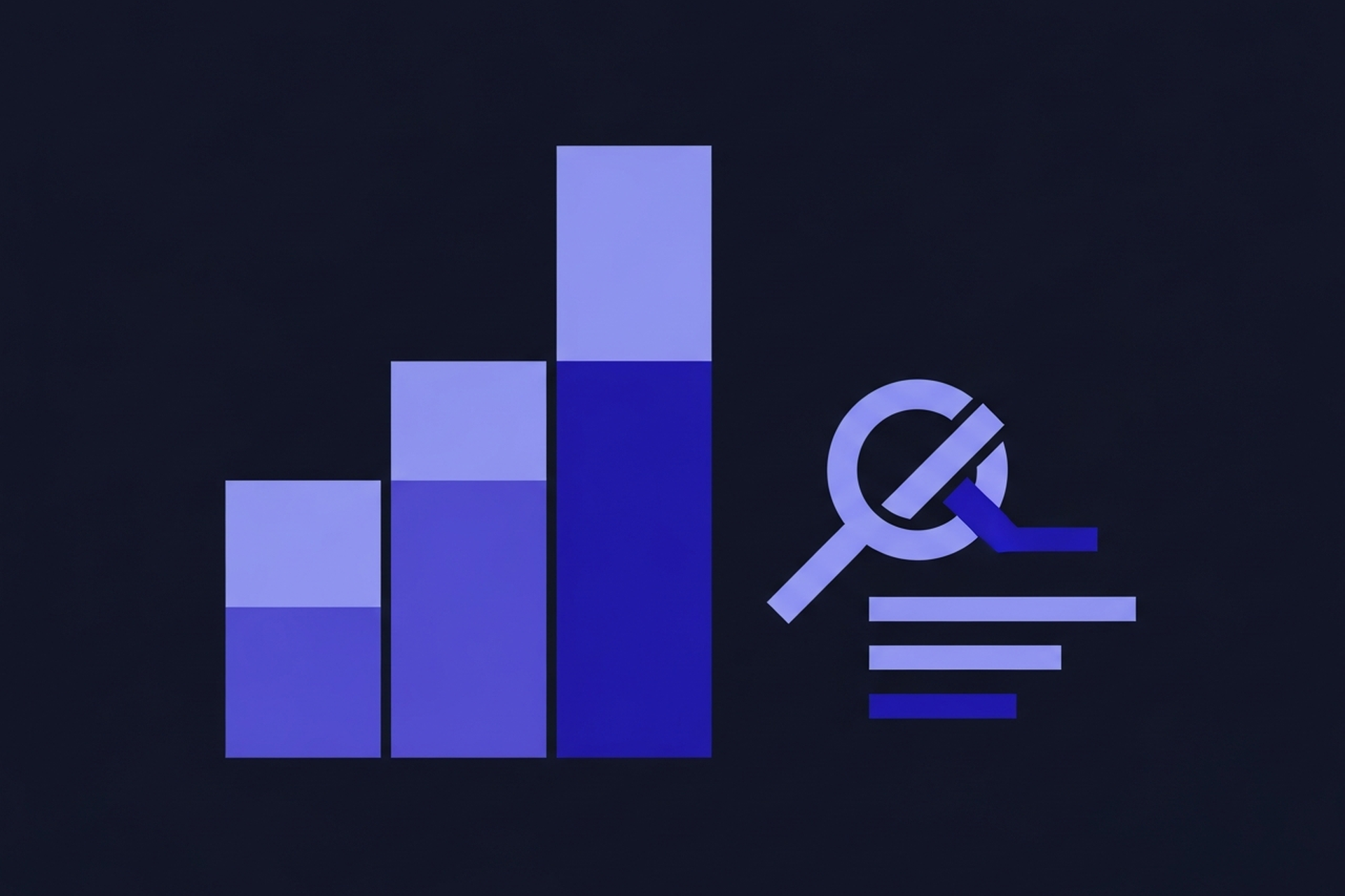 Abstract geometric ranking chart and search result icons in indigo and periwinkle blue on a dark navy background